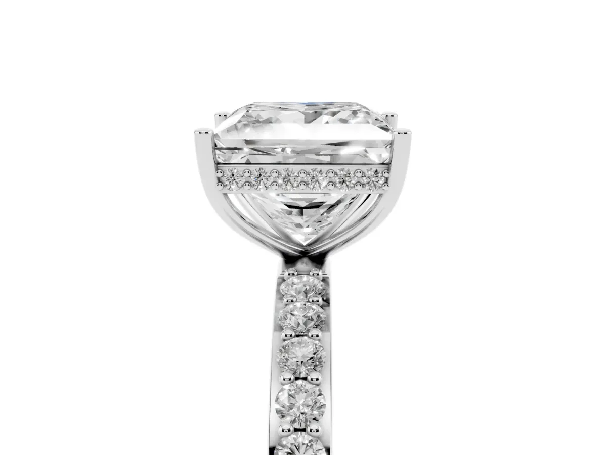 Princess Cut Diamond Solitaire Ring with Pavé Band and Hidden Halo Silver