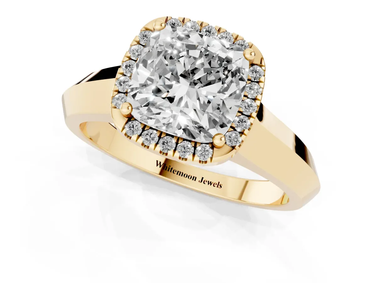 Cushion Cut Halo Diamond Ring with Cathedral Band and Four-Prong Setting Yellow gold