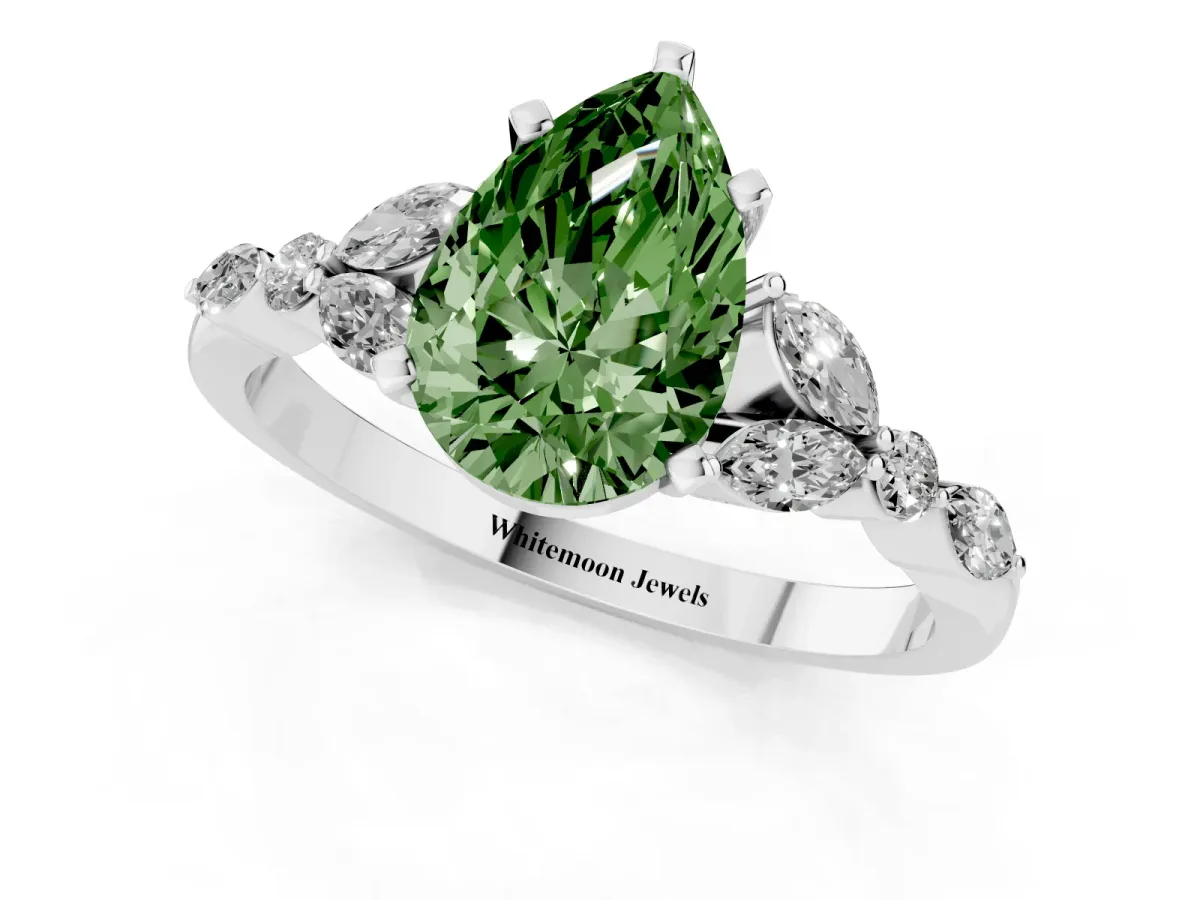 Fancy Green Pear Cut Diamond Solitaire Ring with Side Stones and Four-Prong Setting Silver