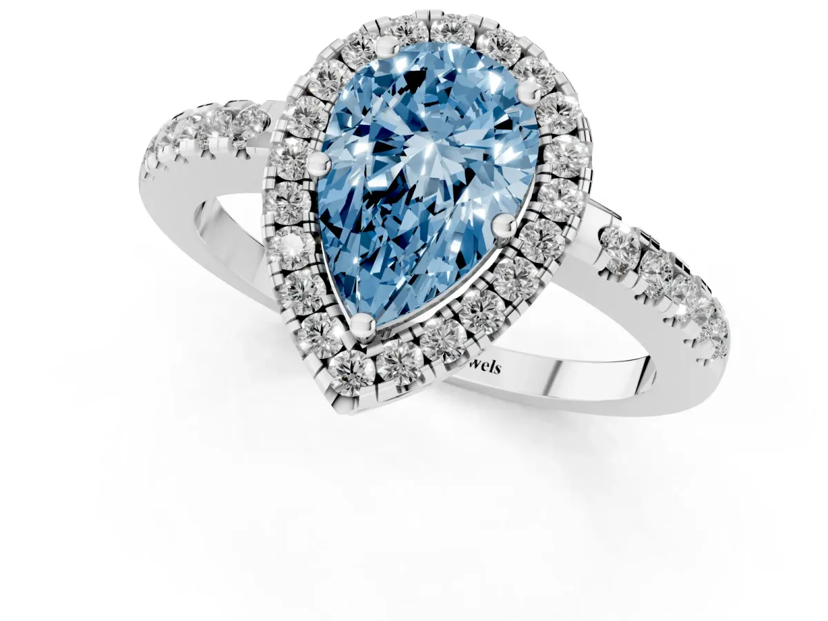 Fancy Blue Pear Cut Halo Diamond Engagement Ring with Pavé Band and Four-Prong Setting Platinum