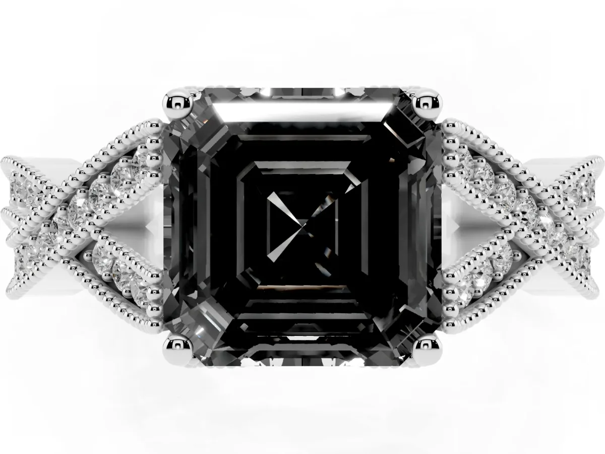 Fancy Black Asscher Cut Cut Diamond Twisted Band with Milgrain Pave Setting and Four-Prong Setting Silver