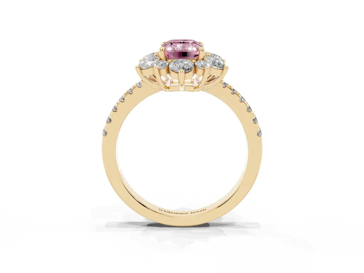 Fancy Pink Emerald Cut Diamond Floral Halo Ring with Round Pavé Band and Prong Setting Yellow gold