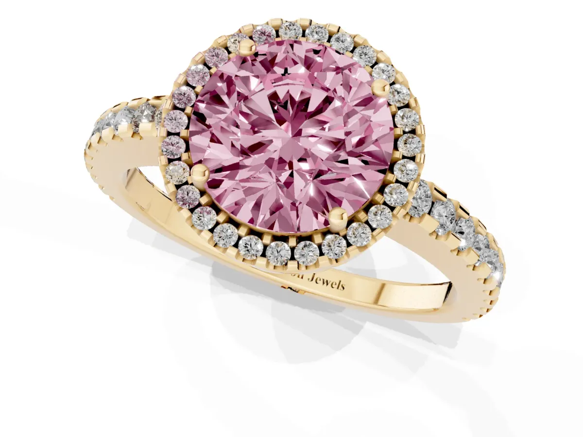 Fancy Pink Round Cut Diamond Halo Engagement Ring with Pavé Band and Prong Setting Yellow gold