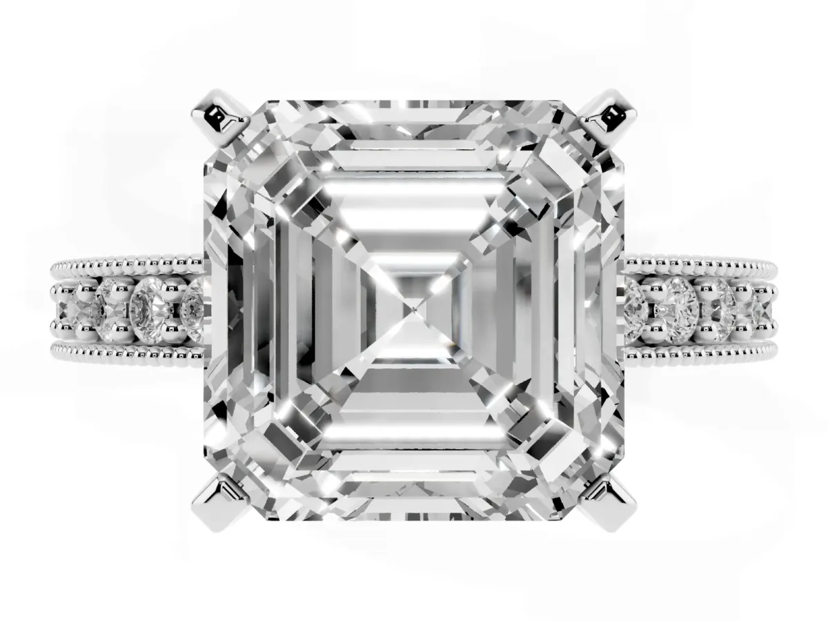 Asscher Cut Diamond Milgrain Pavé Engagement Ring with Four-Prong Setting Silver