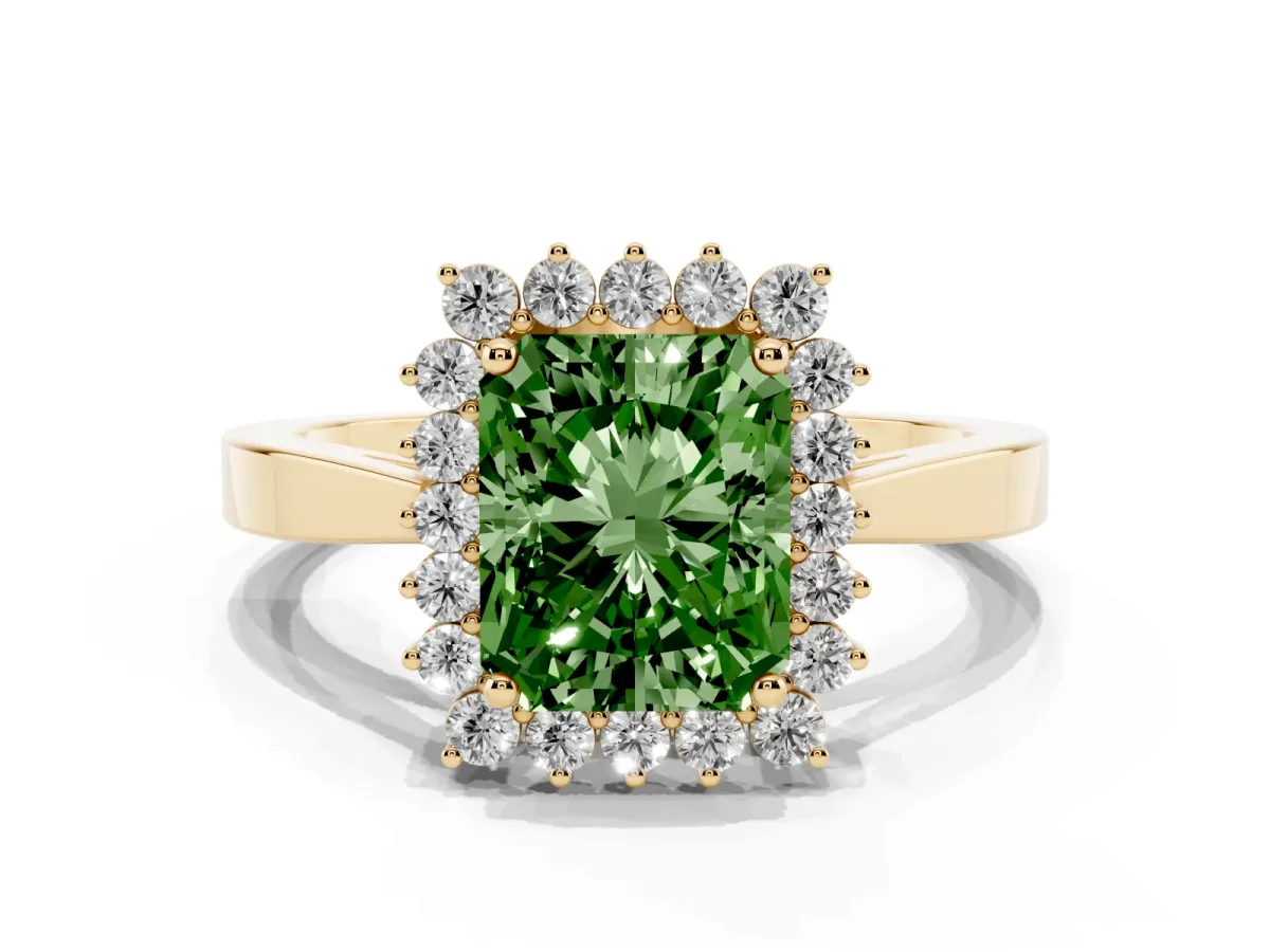 Fancy Green Radiant Cut Cut Diamond Halo Ring with Round Brilliant Halo and Solitaire Band Yellow gold