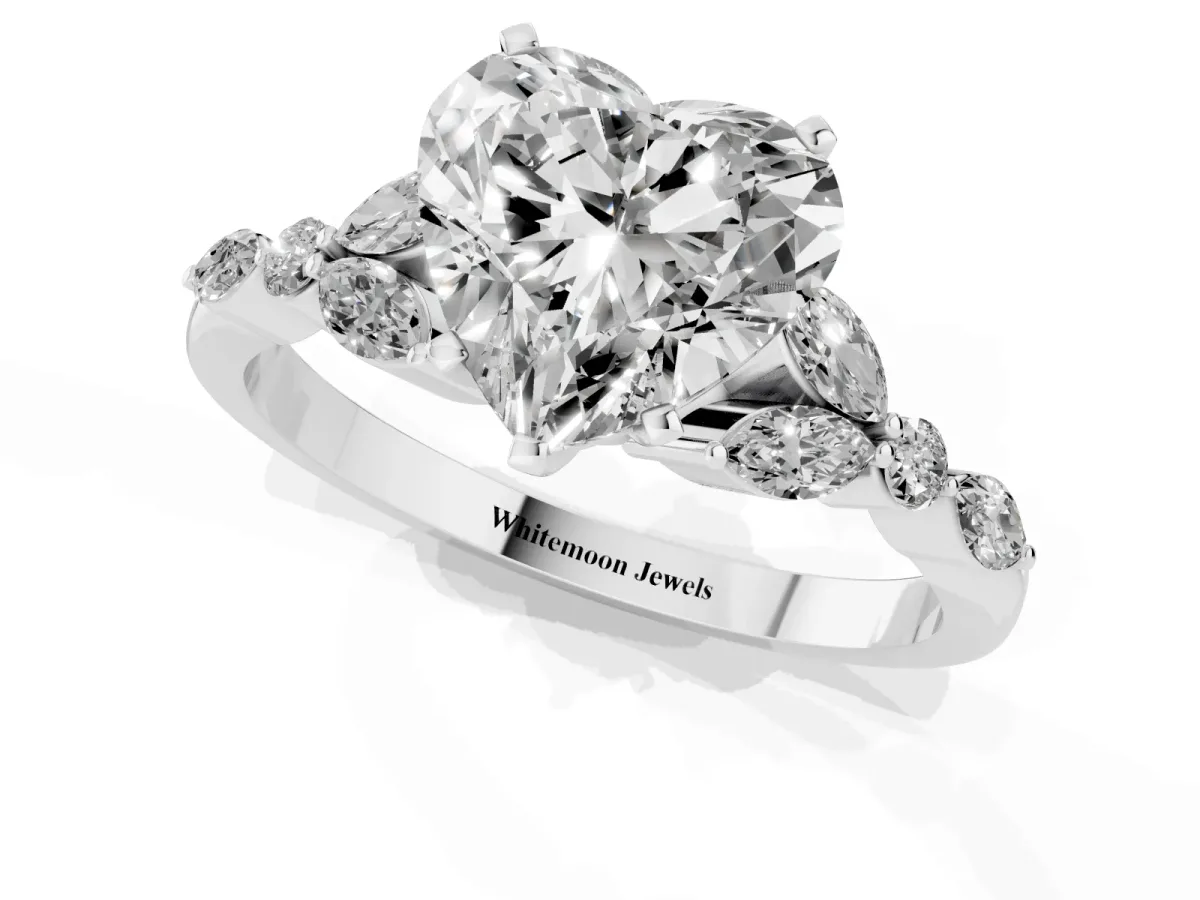 Heart Cut Diamond Solitaire Ring with Side Stones and Four-Prong Setting Platinum