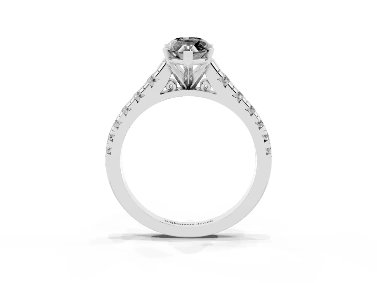 Fancy Black Marquise Cut Diamond Cathedral Solitaire Ring with Round Pavé Band Silver