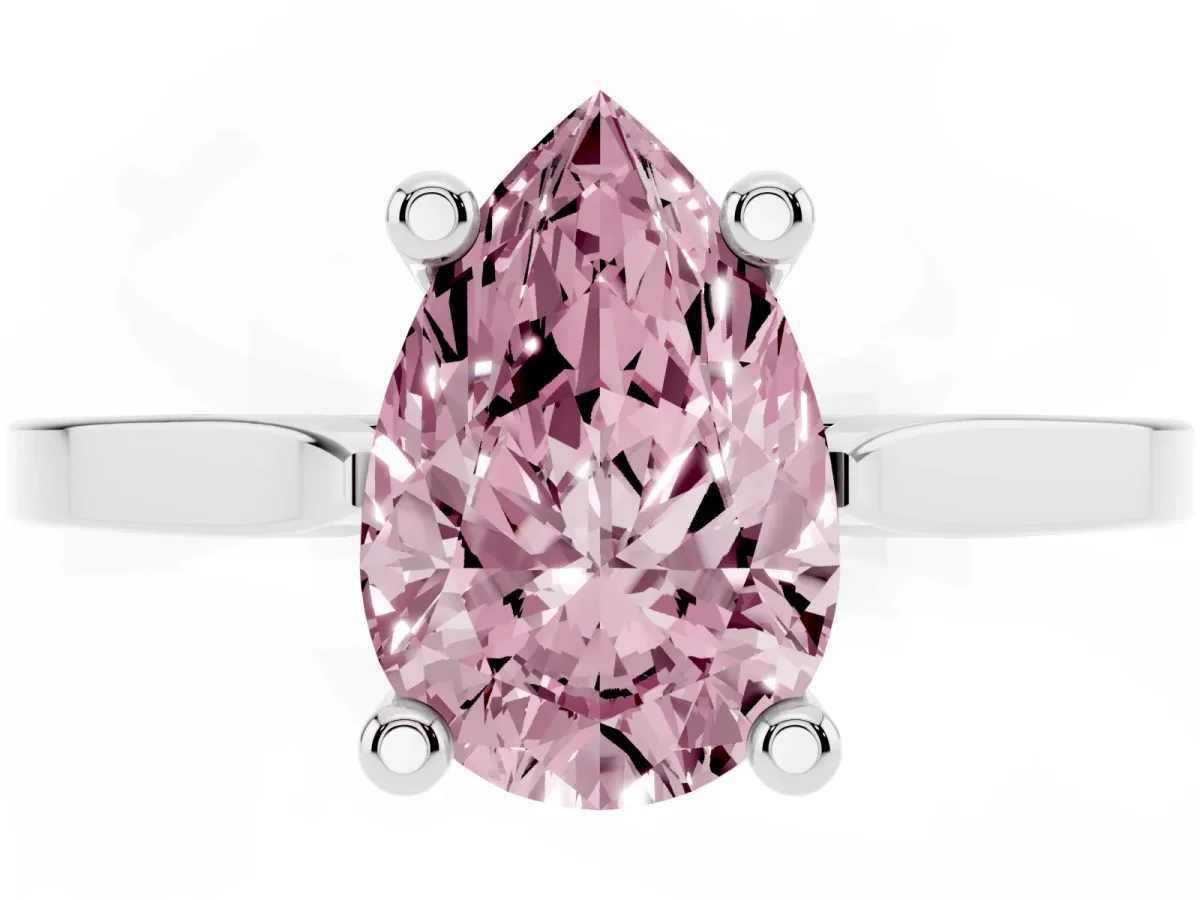Fancy Pink Pear Cut Solitaire Diamond Ring with Four-Prong Setting and Tapered Band Platinum