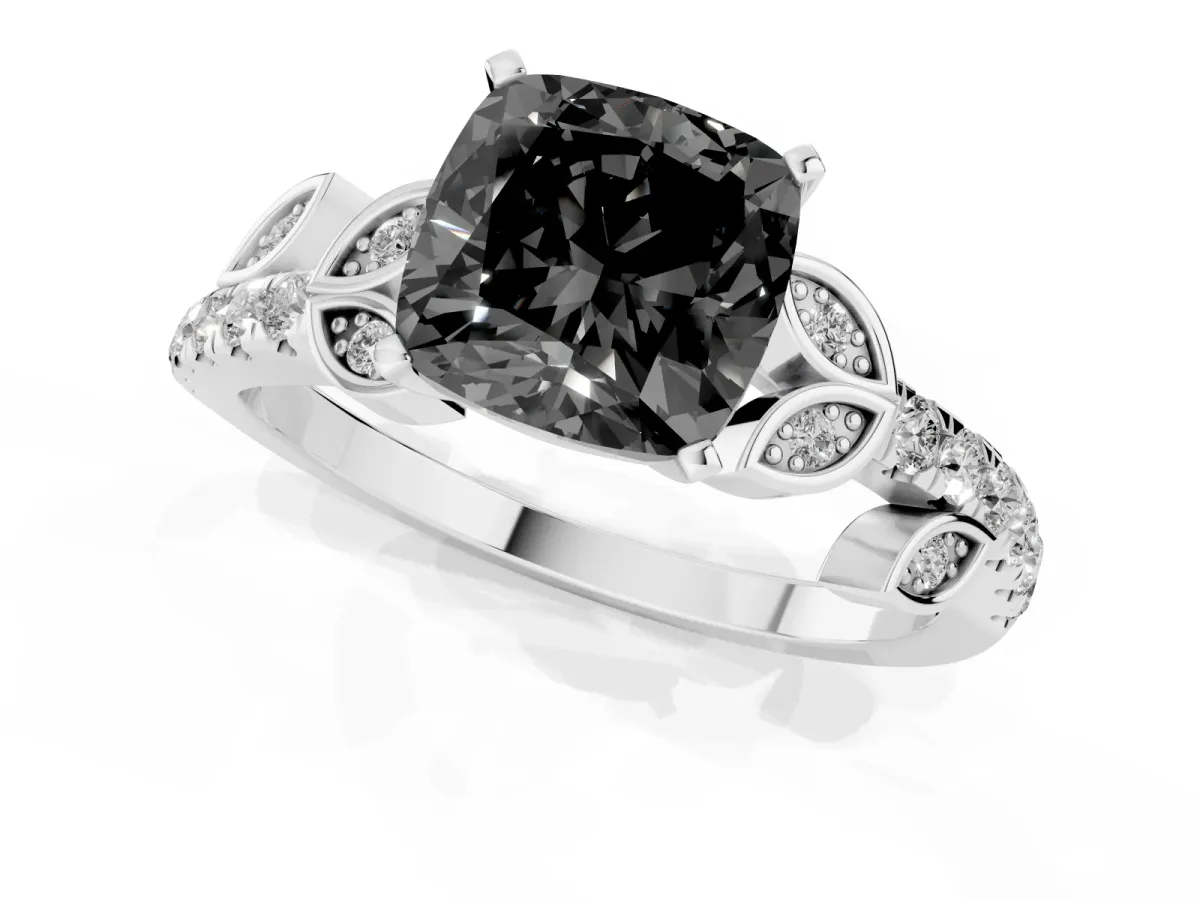 Fancy Black Cushion Cut Solitaire Leaf-Inspired Diamond Ring with Pavé Band and Four-Prong Setting Silver