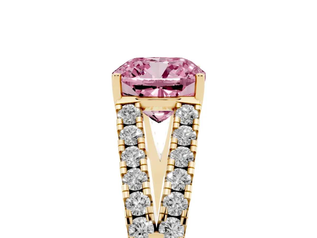 Fancy Pink Cushion Cut Diamond Split Shank Engagement Ring with Round Pavé and Prong Setting Yellow gold
