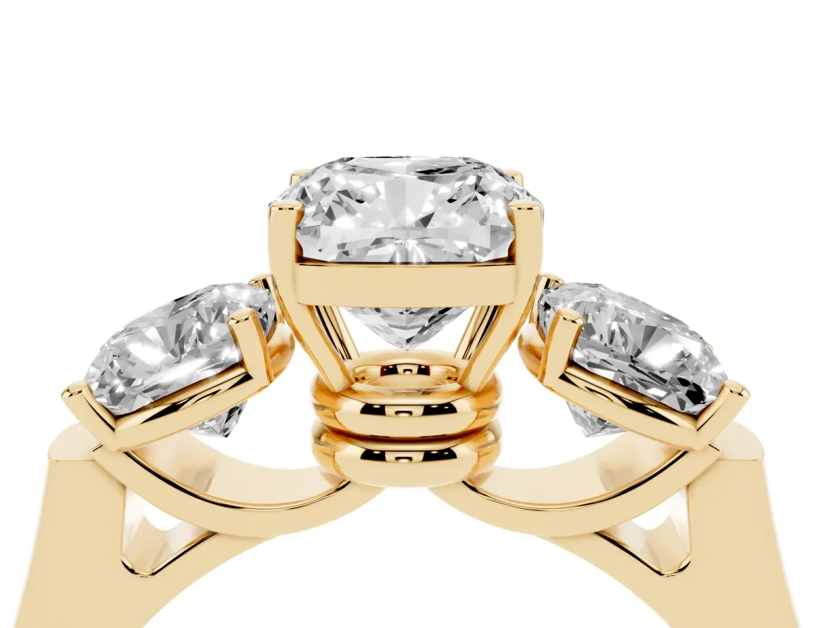 Three-Stone Cushion Cut Brilliant Diamond Trellis Ring with Comfort Fit Band Yellow gold