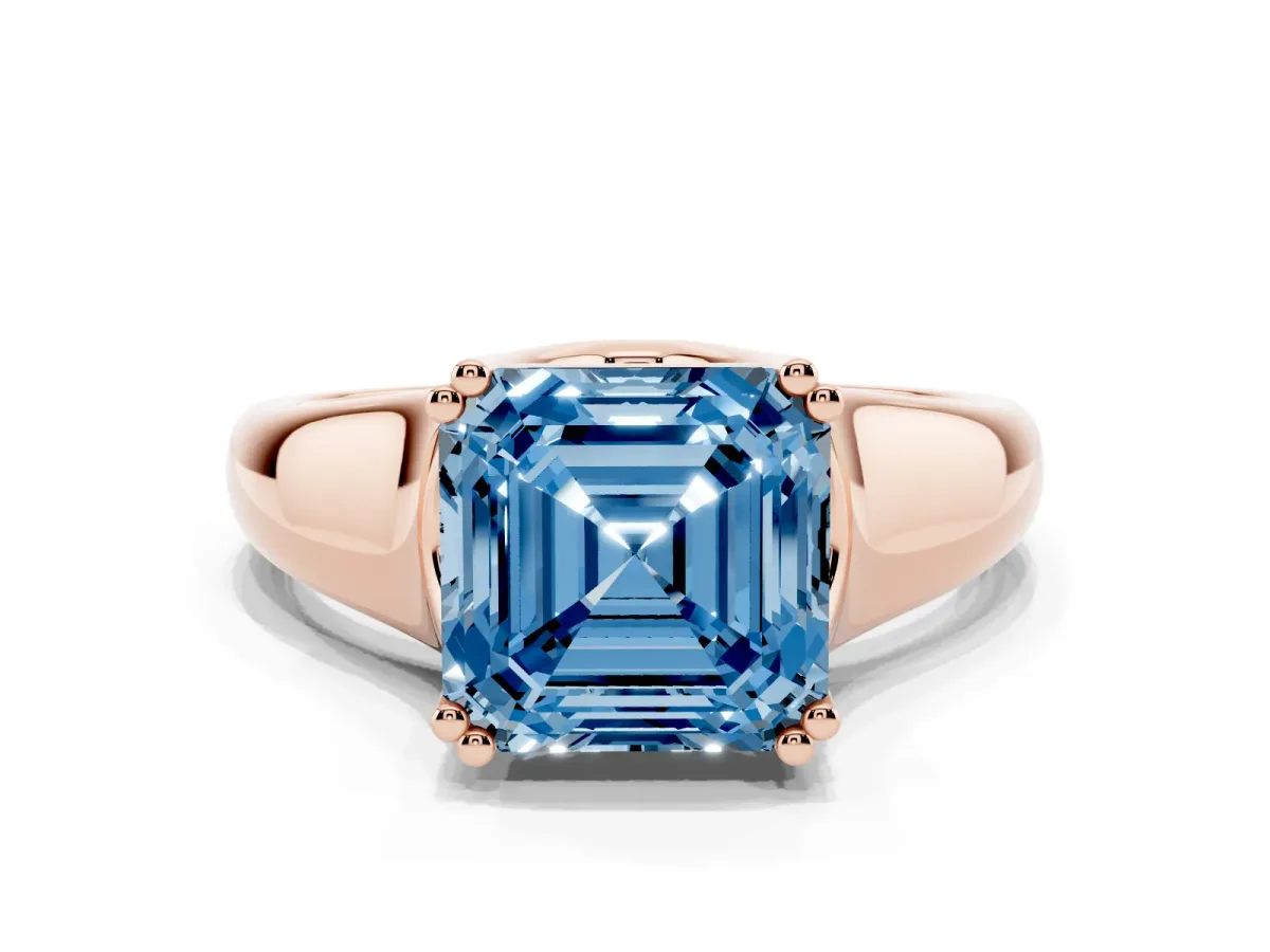 Fancy Blue Asscher Cut Diamond Solitaire Ring with Wide Band and Prong Setting Rose gold