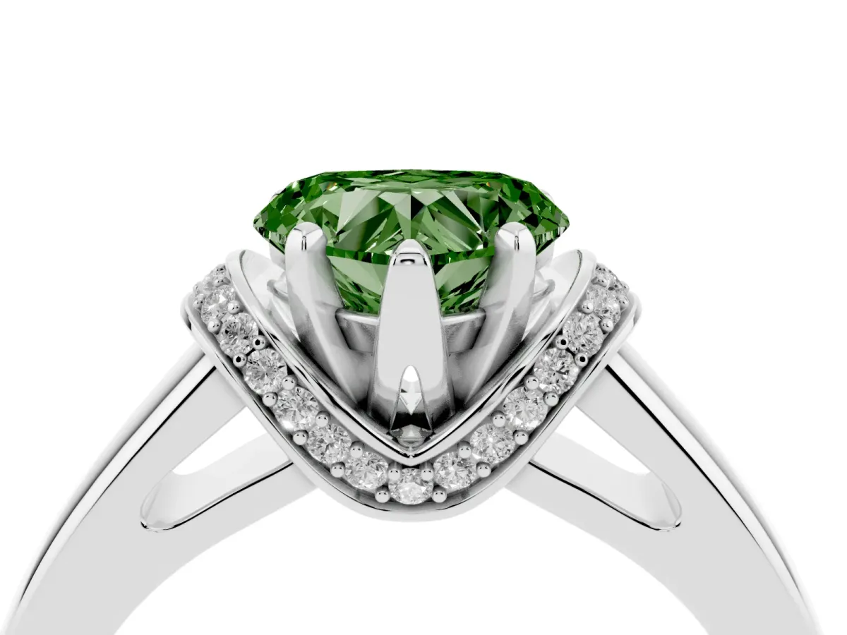 Fancy Green Heart Cut Solitaire Diamond Ring with Pave Band and Six-Prong Setting Platinum