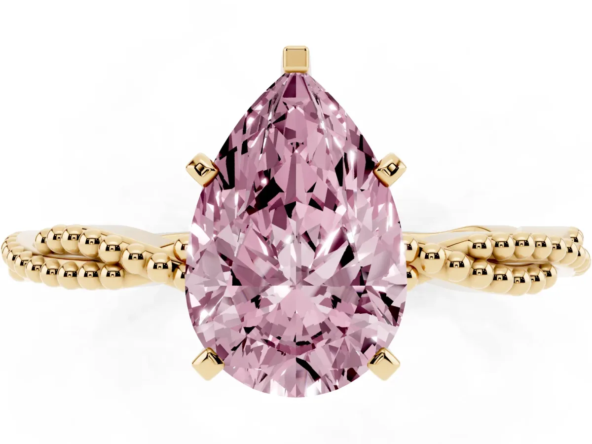 Fancy Pink Pear Cut Solitaire Twisted Band with Bead Prong Setting Yellow gold