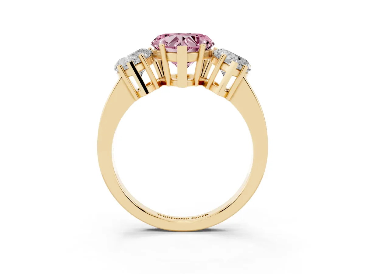 Fancy Pink Three-Stone Heart Cut Cut Diamond Engagement Ring with Flat Band and Four-Prong Setting Yellow gold