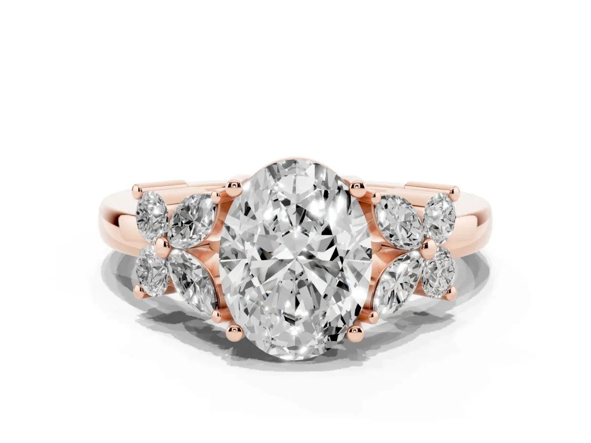 Oval Cut Diamond Floral Cluster Ring with Solitaire Band and Prong Setting Rose gold