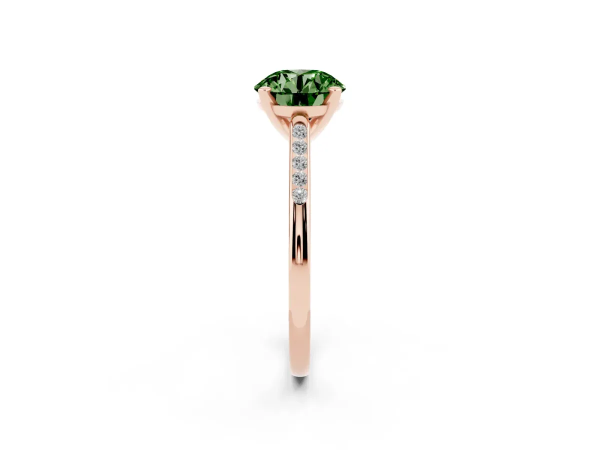 Fancy Green Round Cut Diamond Solitaire Ring with Channel Set Round Band and Prong Setting Rose gold
