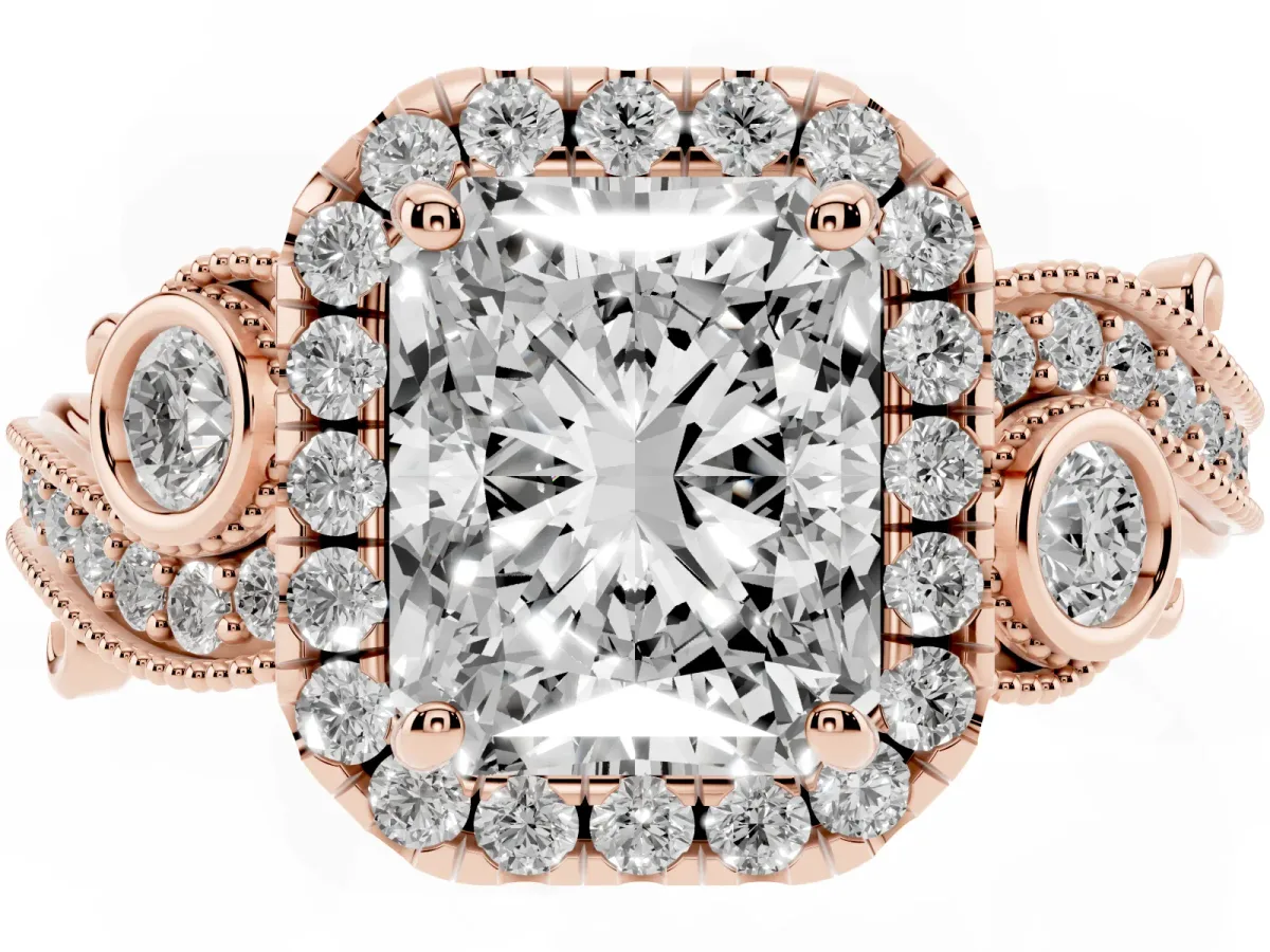 Radiant Cut Diamond Halo Ring with Milgrain Pavé Band and Four-Prong Setting Rose gold