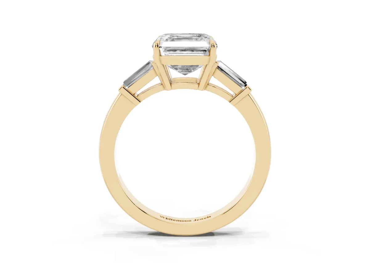 Asscher Cut Diamond Three-Stone Ring with Tapered Baguette Side Stones and Prong Setting Yellow gold