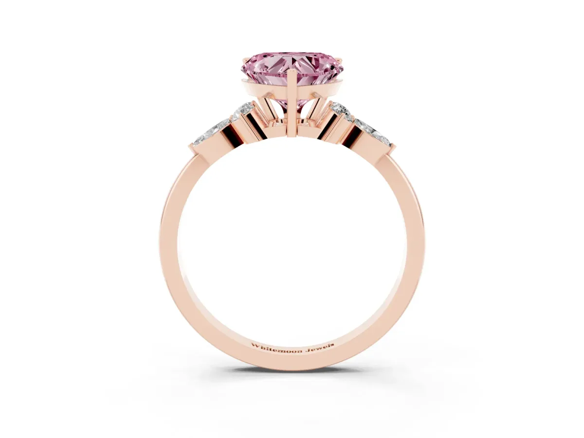 Fancy Pink Heart Cut Brilliant Diamond Solitaire Ring with Pear Side Stones and Four-Prong Setting Rose gold