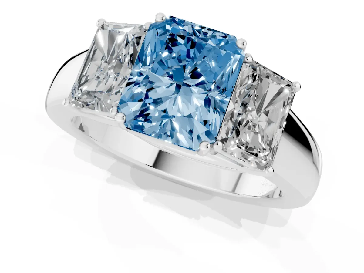 Fancy Blue Three-Stone Radiant Cut Cut Diamond Ring with Prong Setting and Classic Band Silver