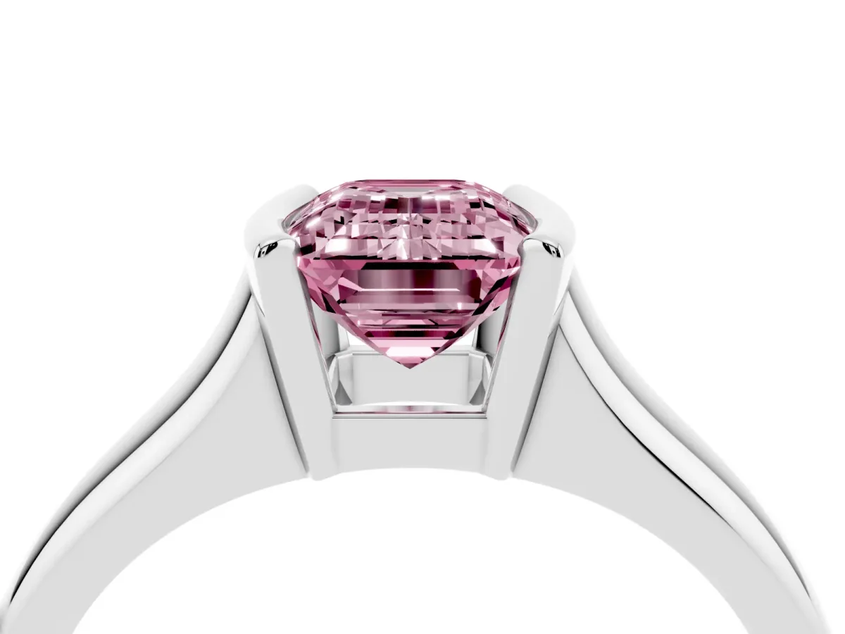 Fancy Pink Emerald Cut Solitaire Tension Set Diamond Ring with Split Shank Band Silver