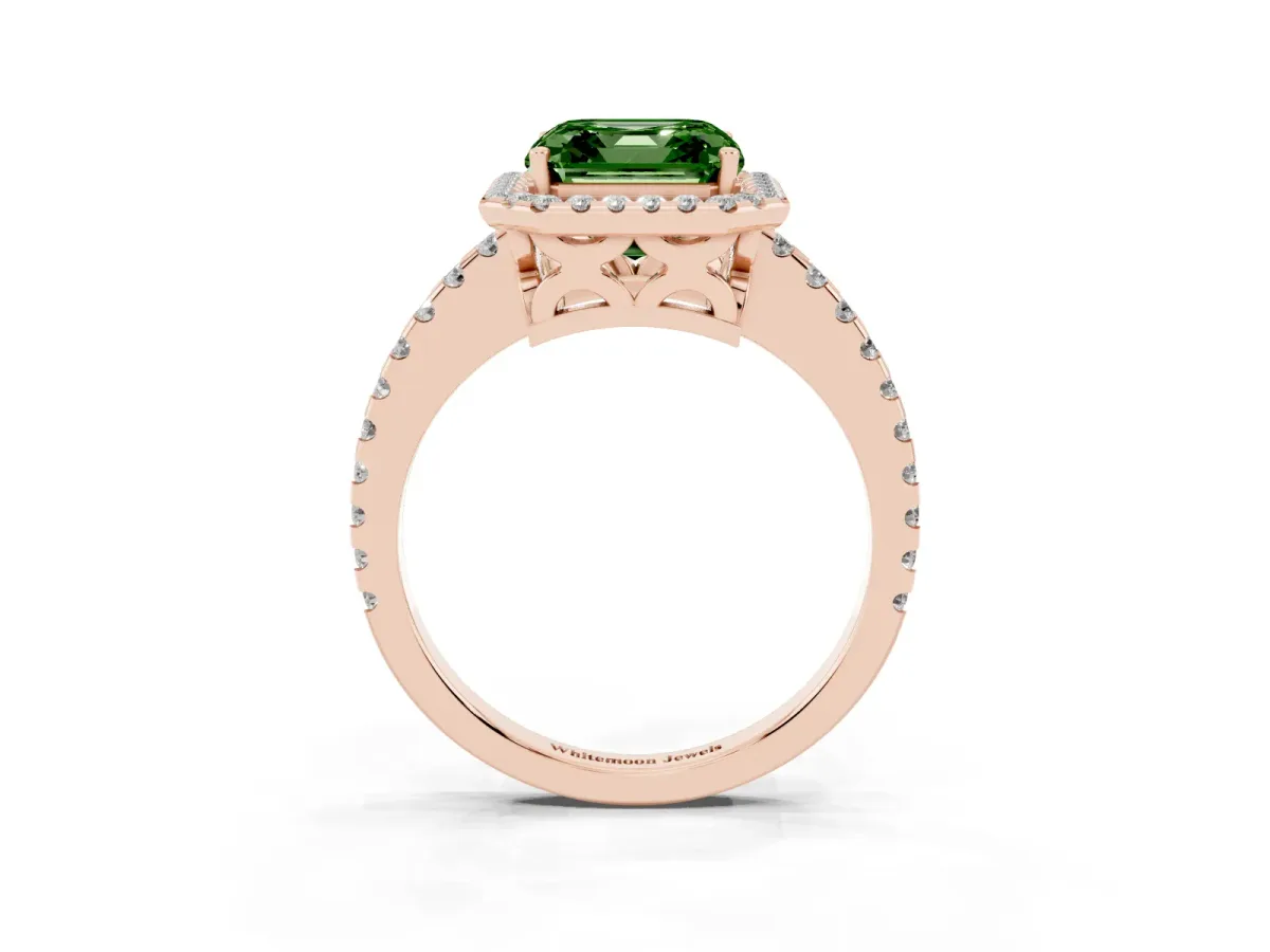 Fancy Green Asscher Cut Diamond Halo Engagement Ring with Pavé Band and Prong Setting Rose gold