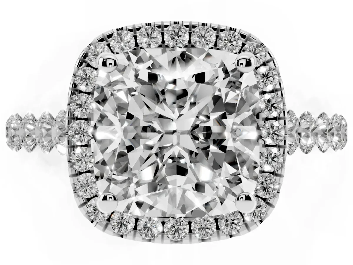Cushion Cut Halo Pavé Diamond Engagement Ring with Four-Prong Setting Silver