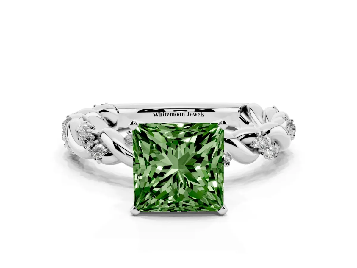 Fancy Green Princess Cut Diamond Solitaire Ring with Twisted Band and Pavé Accents Silver