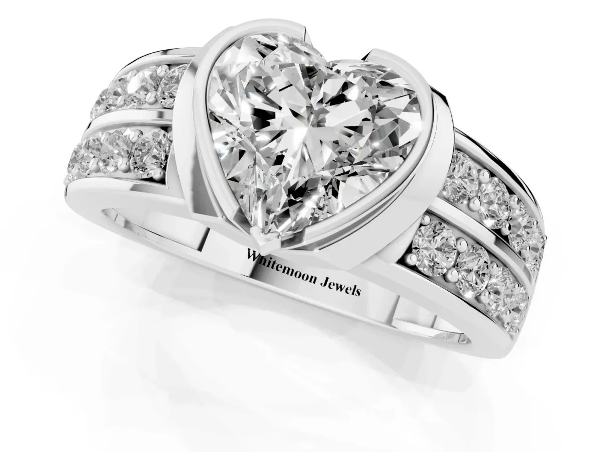 Heart Cut Brilliant Diamond Channel Set Wide Band Ring with Bezel Setting White gold
