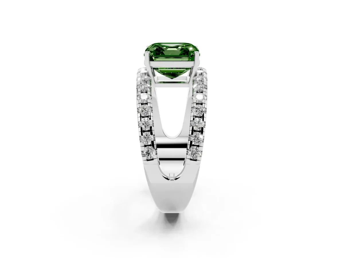 Fancy Green Asscher Cut Solitaire Split Shank Pave Diamond Ring Platinum