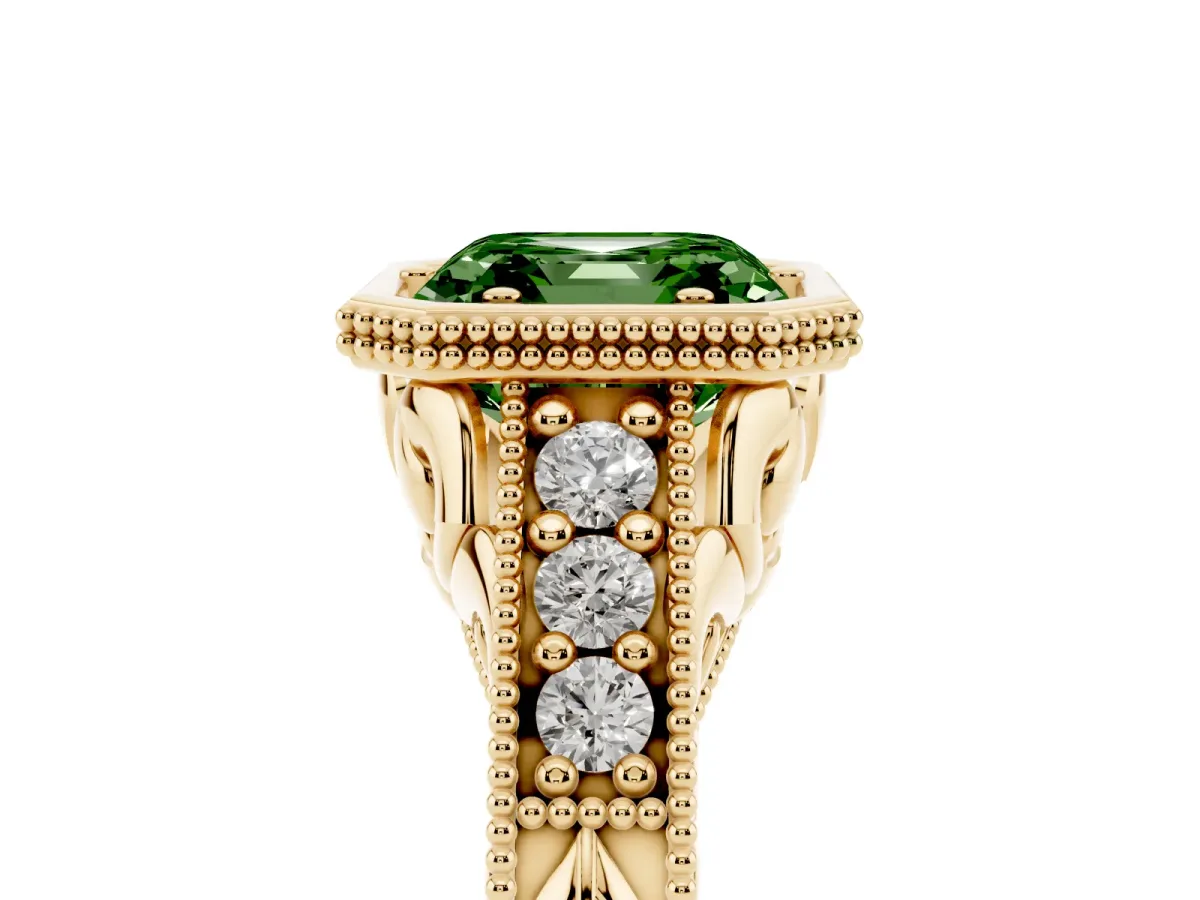 Fancy Green Bezel Set Asscher Cut Diamond Milgrain Pave Engagement Ring Yellow gold