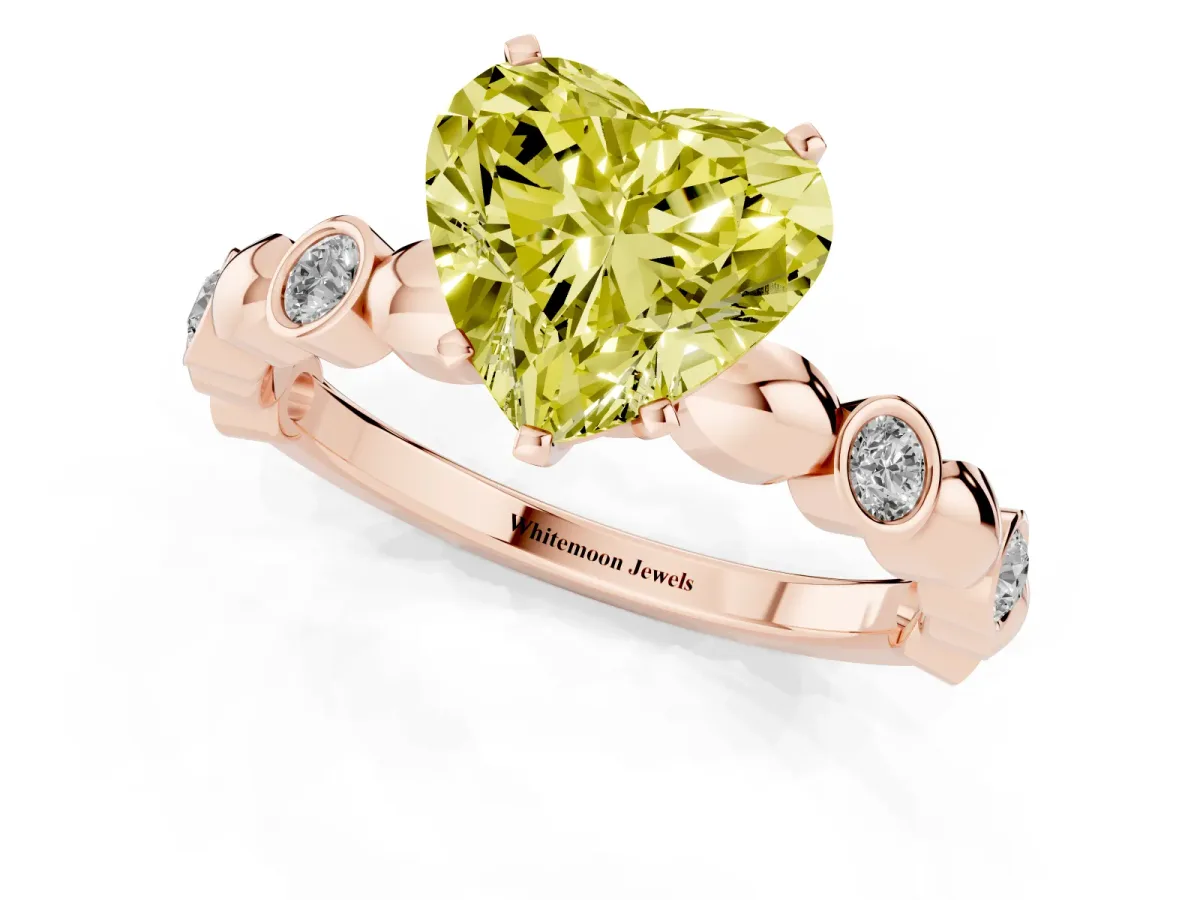 Fancy Yellow Heart Cut Solitaire Bezel-Set Diamond Ring with Beaded Band and Four-Prong Setting Rose gold