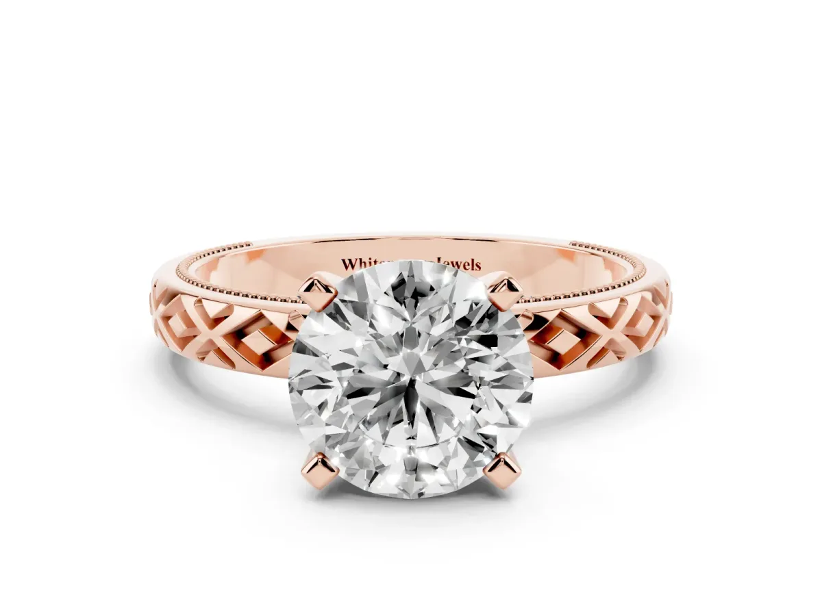 Round Cut Solitaire Diamond Ring with Milgrain and Black Enamel X Pattern Band Rose gold