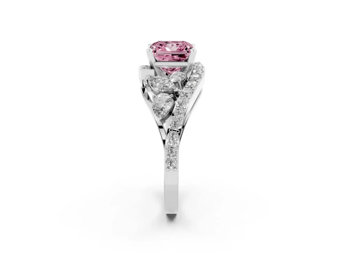 Fancy Pink Princess Cut Diamond Halo Ring with Marquise and Pavé Band in Prong Setting White gold