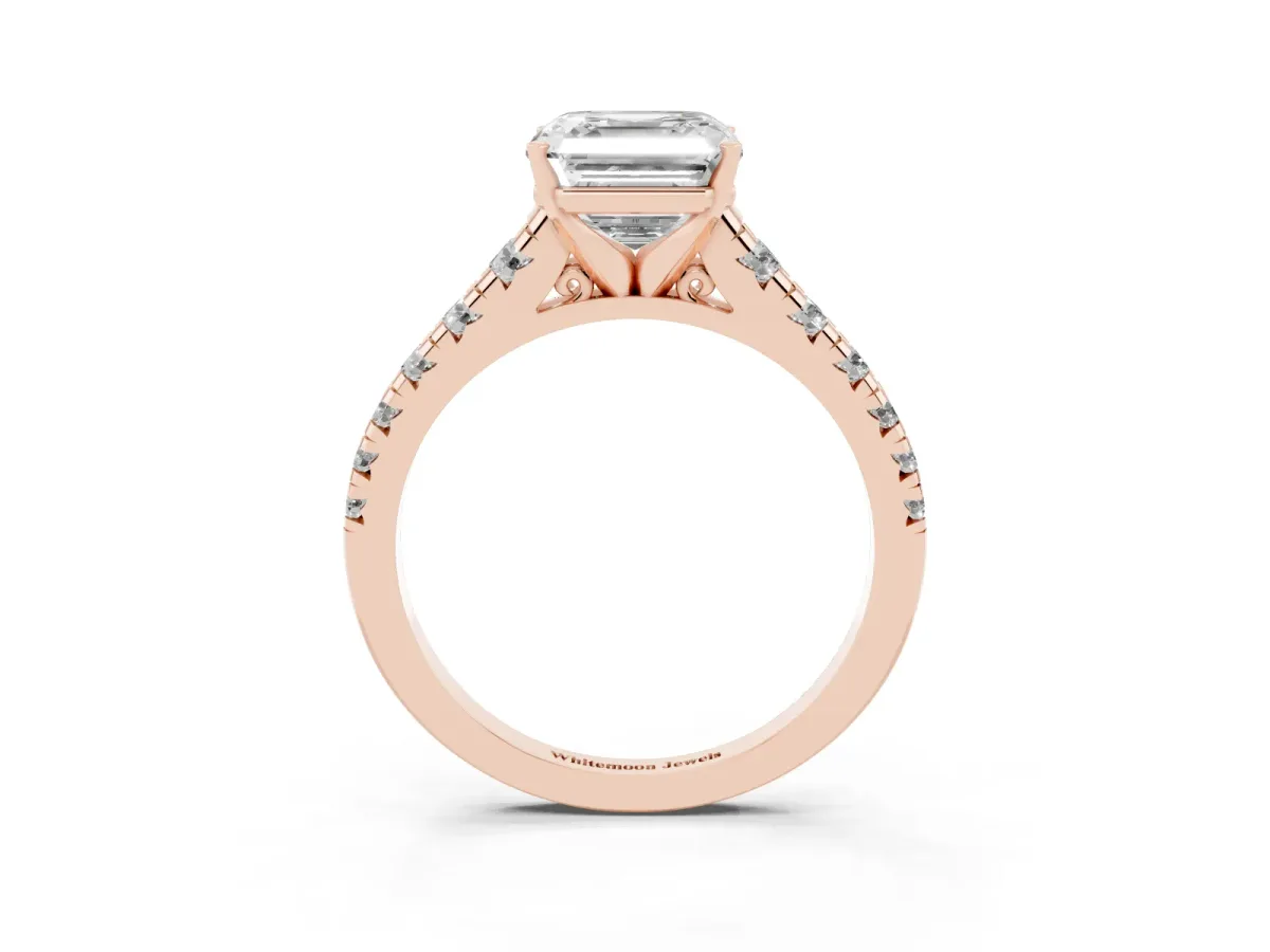 Asscher Cut Diamond Cathedral Solitaire Ring with Round Pavé Band Rose gold