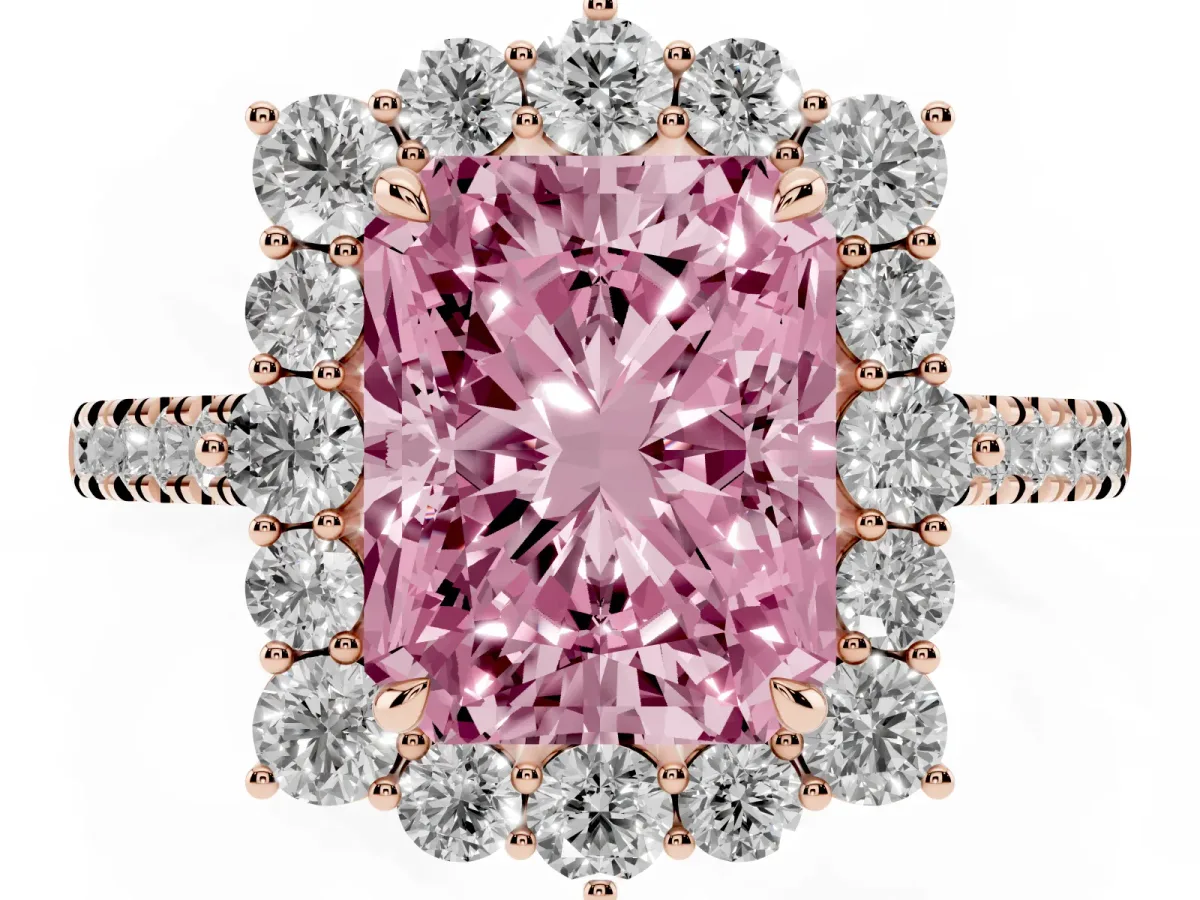 Fancy Pink Radiant Cut Halo Diamond Ring with Pavé Band and Prong Setting Rose gold