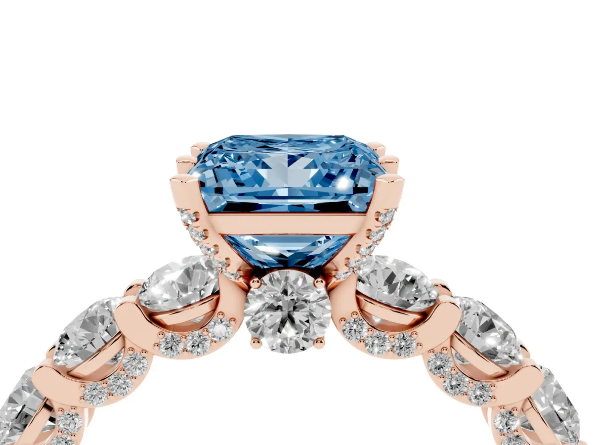Fancy Blue Princess Cut Diamond Side Stone Engagement Ring with Four-Prong Setting Rose gold