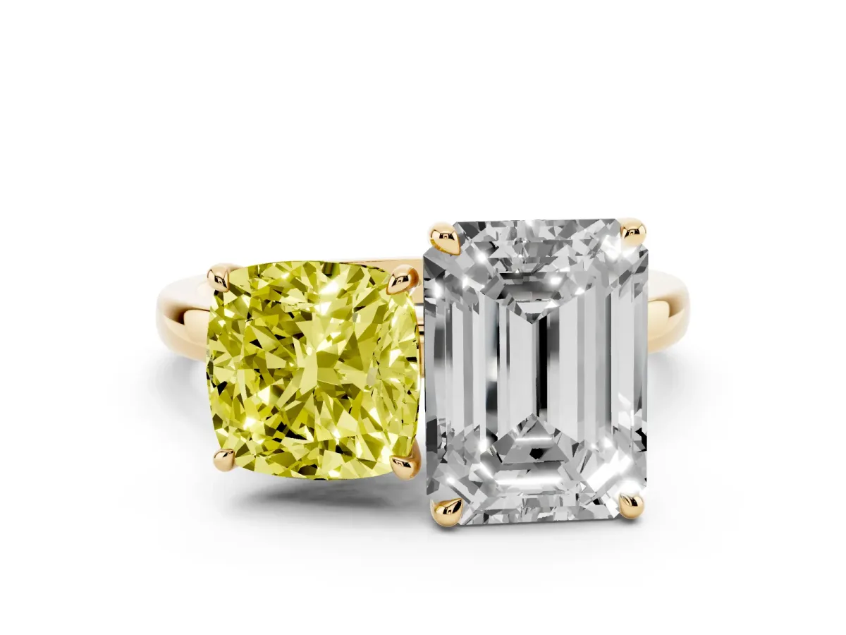 Fancy Yellow Cushion Cut and Emerald Cut Toi Moi Ring with Prong Setting Yellow gold