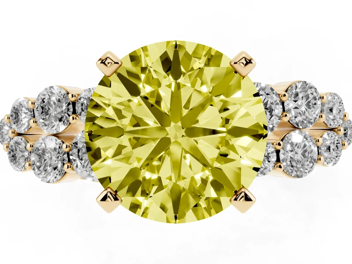 Fancy Yellow Round Cut Cluster Diamond Engagement Ring with Pavé Band and Four-Prong Setting Yellow gold