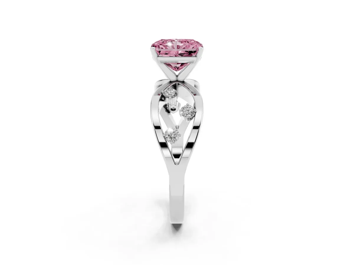 Fancy Pink Radiant Cut Cut Solitaire Diamond with Side Stones on Criss-Cross Band and Four-Prong Setting Platinum