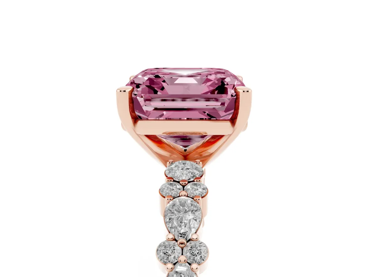 Fancy Pink Asscher Cut Diamond Side Stone Solitaire Ring with Round and Four-Prong Setting Rose gold