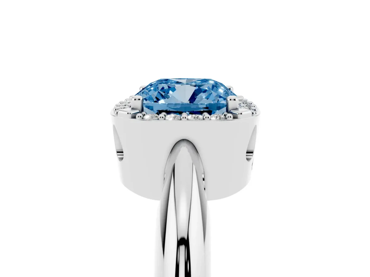 Fancy Blue Cushion Cut Cut Diamond Halo Engagement Ring with Split Shank and Four-Prong Setting Silver