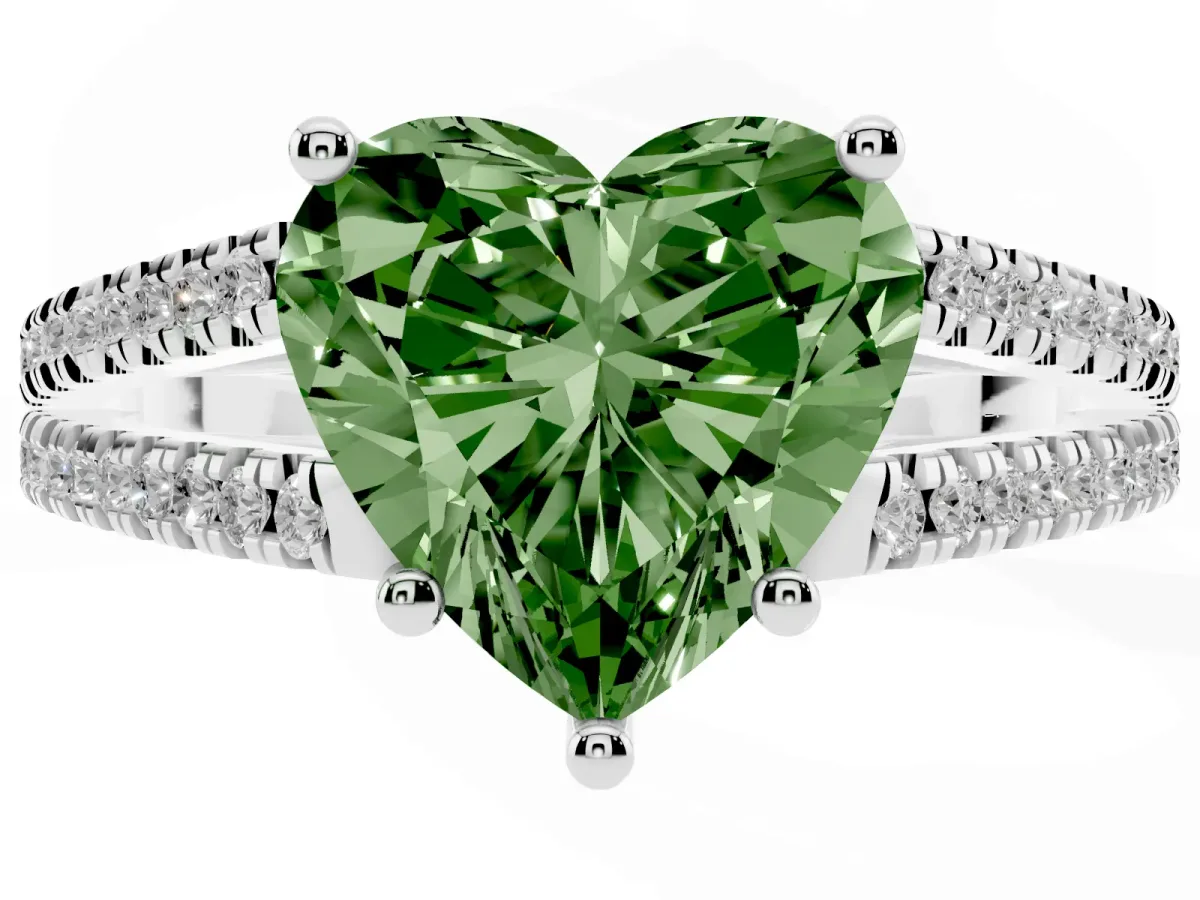 Fancy Green Heart Cut Diamond Solitaire Engagement Ring with Split Shank Pavé Band Silver
