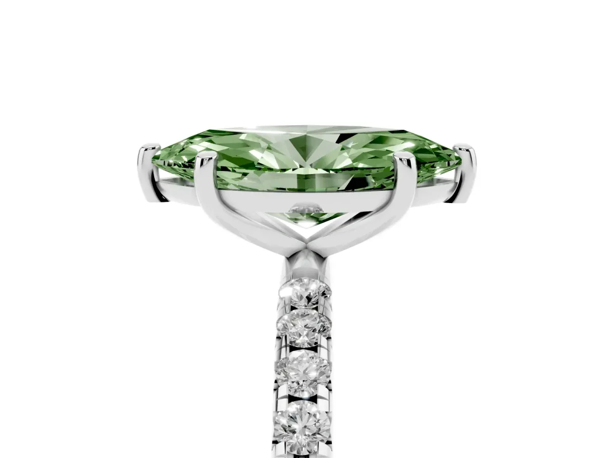 Fancy Green Marquise Cut Cut Diamond Solitaire Ring with Micro Pave Band and Four Prong Setting Silver