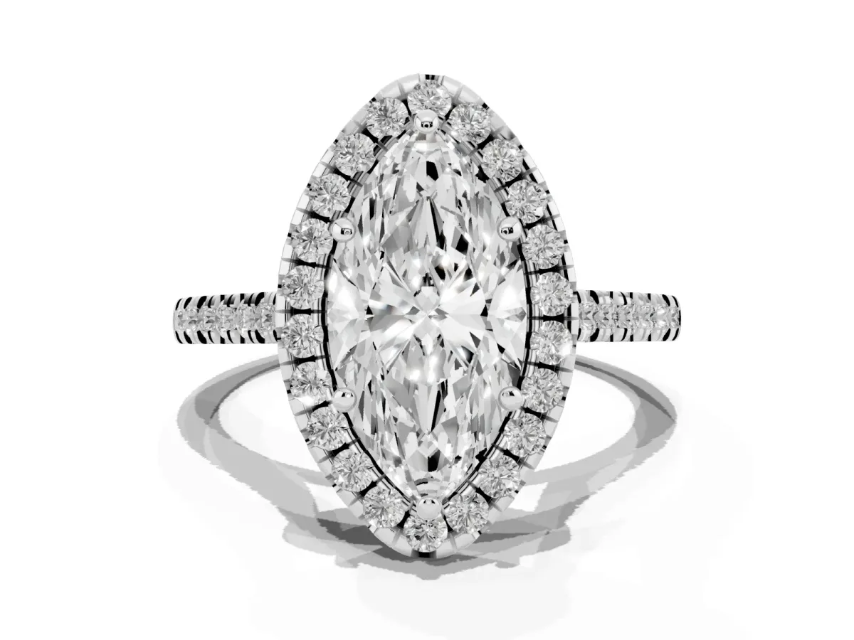 Marquise Cut Diamond Cushion Halo Ring with Pavé Band Silver