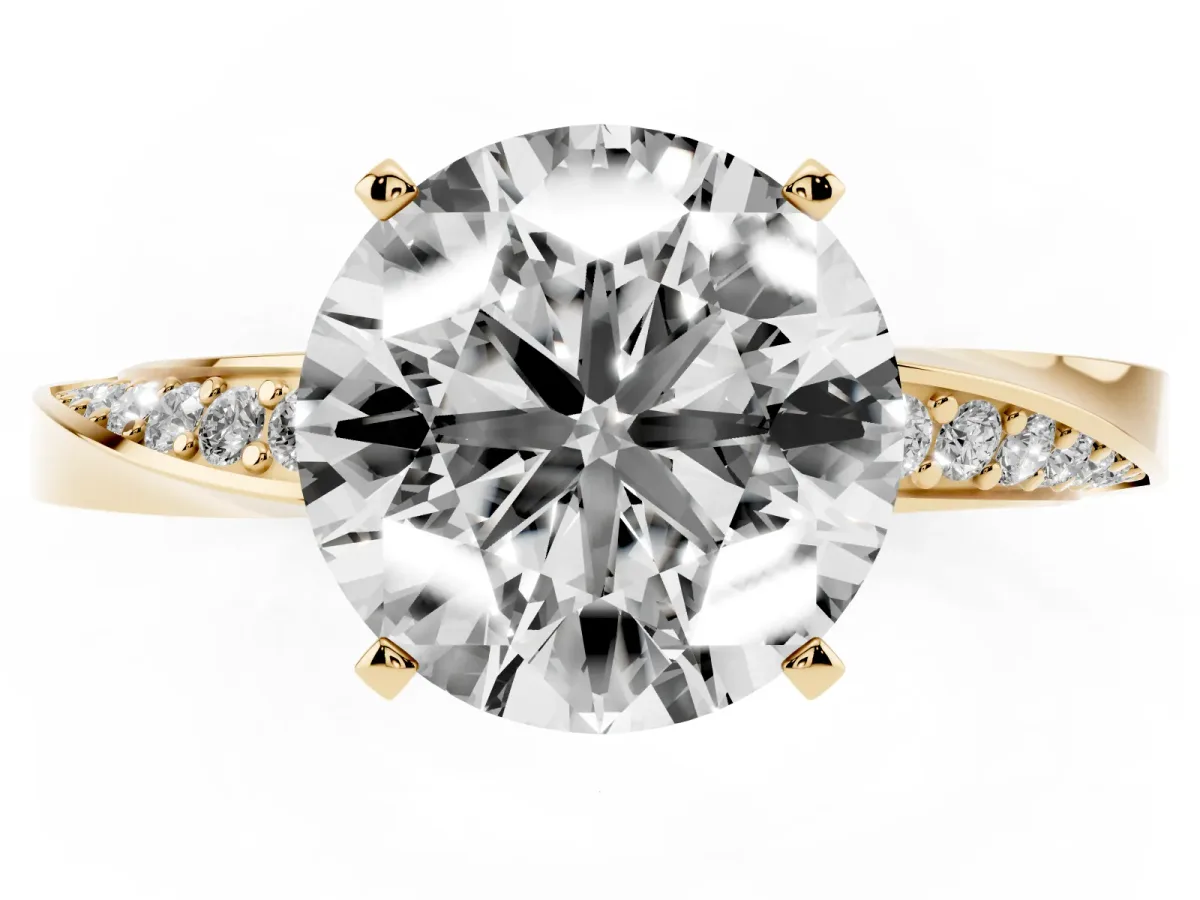 Round Cut Diamond Engagement Ring with Side Stone Accents and Four-Prong Setting Yellow gold