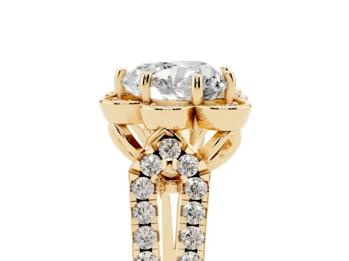 Heart Cut Halo Diamond Floral Split Shank Engagement Ring Yellow gold