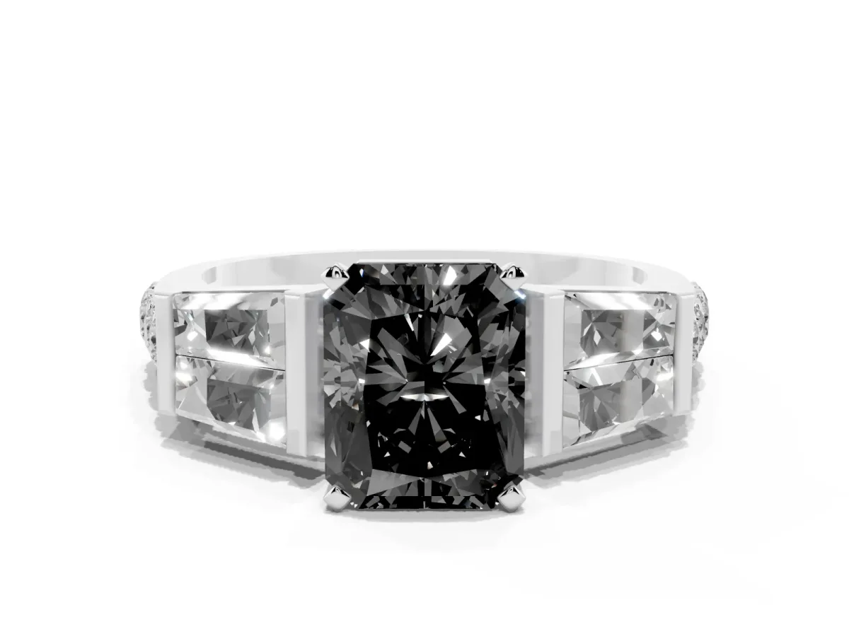 Fancy Black Radiant Cut Diamond Engagement Ring with Baguette Side Stones and Channel Set Band Platinum