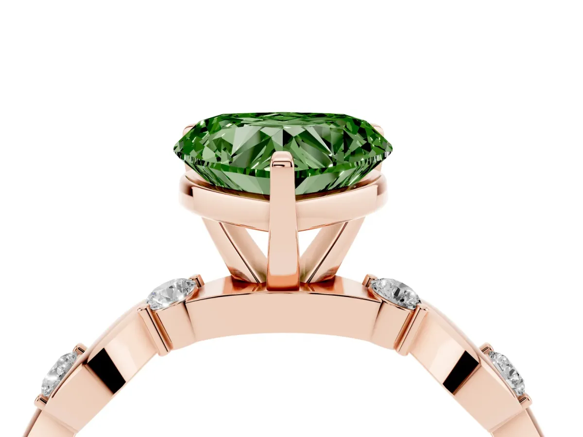 Fancy Green Heart Cut Diamond Solitaire Twisted Band with Round Accents and Prong Setting Rose gold
